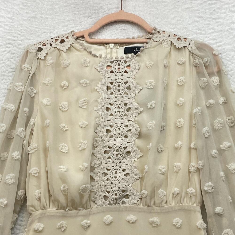 Lulus Dress Womens Extra Small Cream Long Sleeve Swiss Dot Lace Boho Mini Party - Picture 4 of 14
